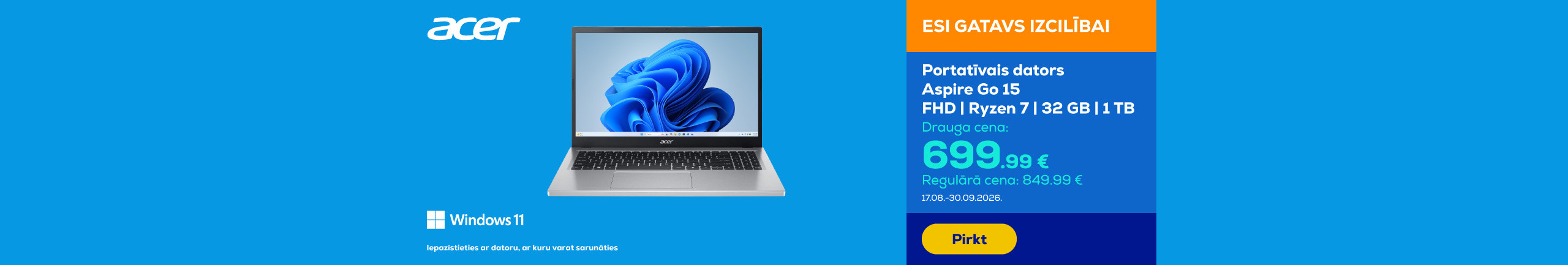 Portatīvais dators Aspire Go 15 | FHD | Ryzen 7 | 32 GB | 1 TB