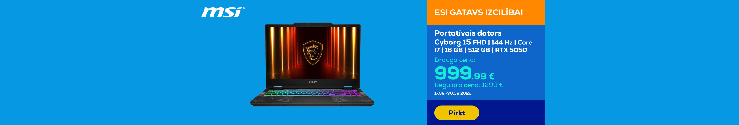 Portatīvais dators Cyborg 15 | FHD | 144 Hz | Core i7 | 16 GB | 512 GB | RTX 5050