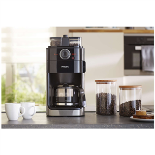 Philips Grind & Brew, ūdens tvertne 1.2 L, melna/sudraba - Kafijas automāts ar filtru un dzirnaviņām