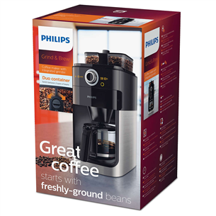 Philips Grind & Brew, ūdens tvertne 1.2 L, melna/sudraba - Kafijas automāts ar filtru un dzirnaviņām