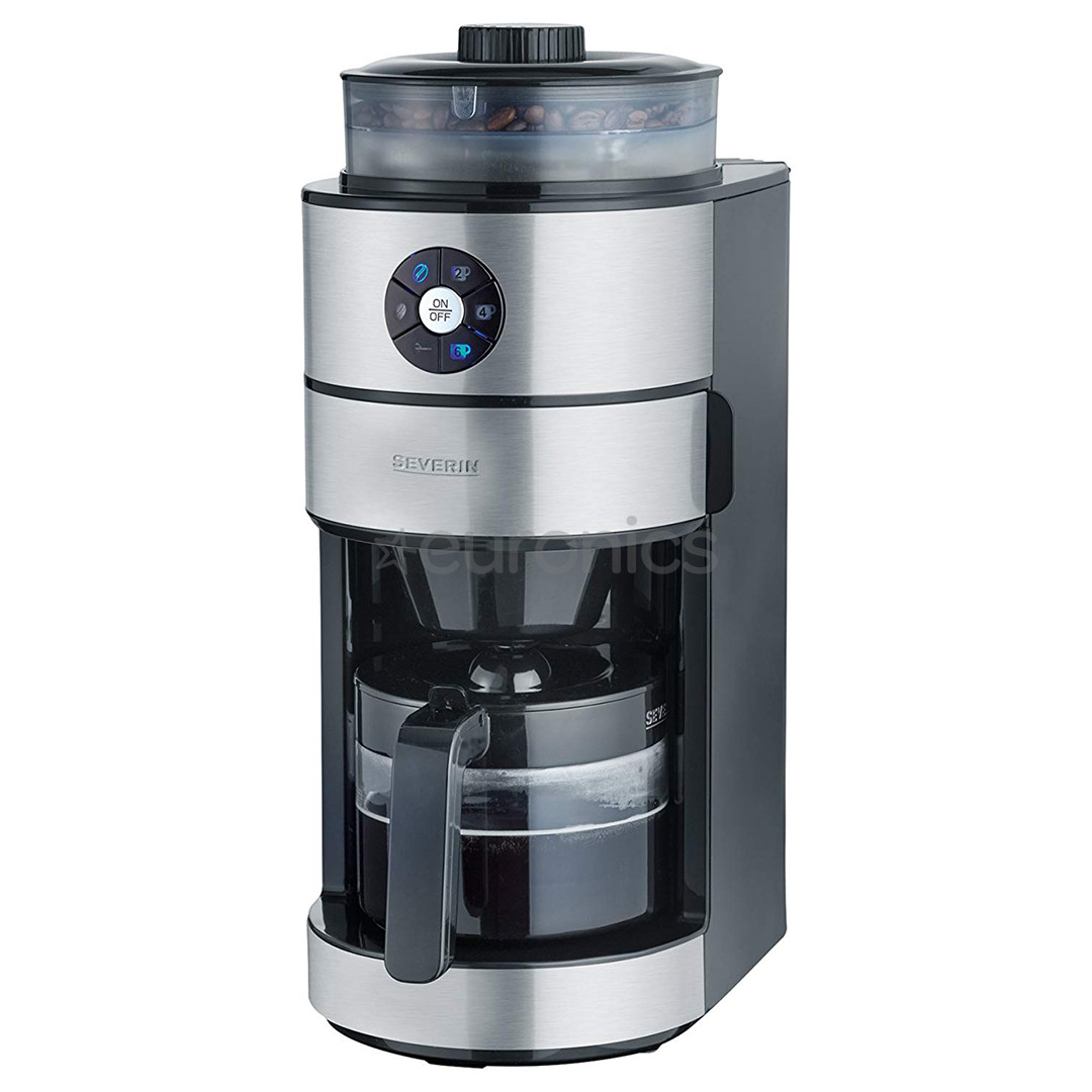 Severin, melna/nerūsējošā tērauda - Kafijas automāts ar filtru un dzirnaviņām