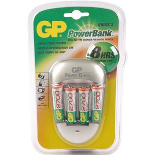 Зарядное устройство PowerBank Quick3 + 4 батарейки, GP / 2700 mAh