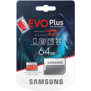 Atmiņas karte Micro SDXC EVO+, Samsung (64 GB) + adapteris