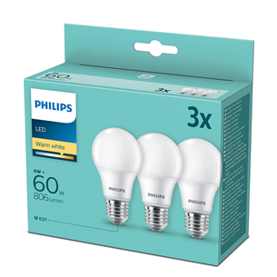 Philips, E27, 60 Вт - 3 светодиодные лампы