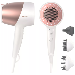 Philips Prestige ar SenseIQ, 1800 W, balta/rozā - Matu fēns