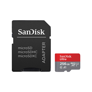 SanDisk Ultra microSD, A1/Class 10, + adapteris, 256 GB - Atmiņas karte