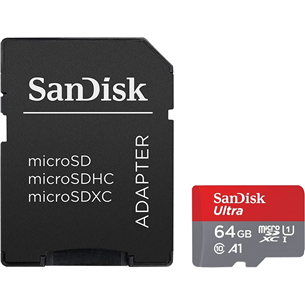 Atmiņas karte MicroSDXC Ultra + adapteris, SanDisk (64 GB)