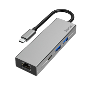 Hama USB-C Hub, 2 x USB-A, USB-C, LAN/Ethernet, sudraba - Adapteris 00200108