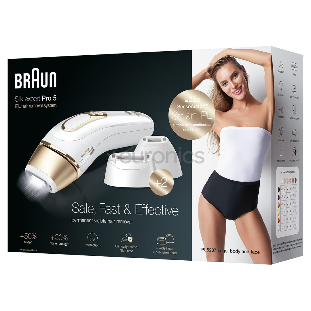 Braun Silk-expert Pro 5, skuveklis Venus Extra Smooth, somiņa, balta/zelta - Fotoepilators
