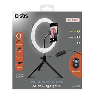 SBS Selfie Ring Light 8'', melna - LED riņķgaisma