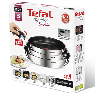 Tefal Ingenio Emotion, diametrs 22/24/28 cm, nerūsējošā tērauda/melna - Pannu komplekts + rokturis