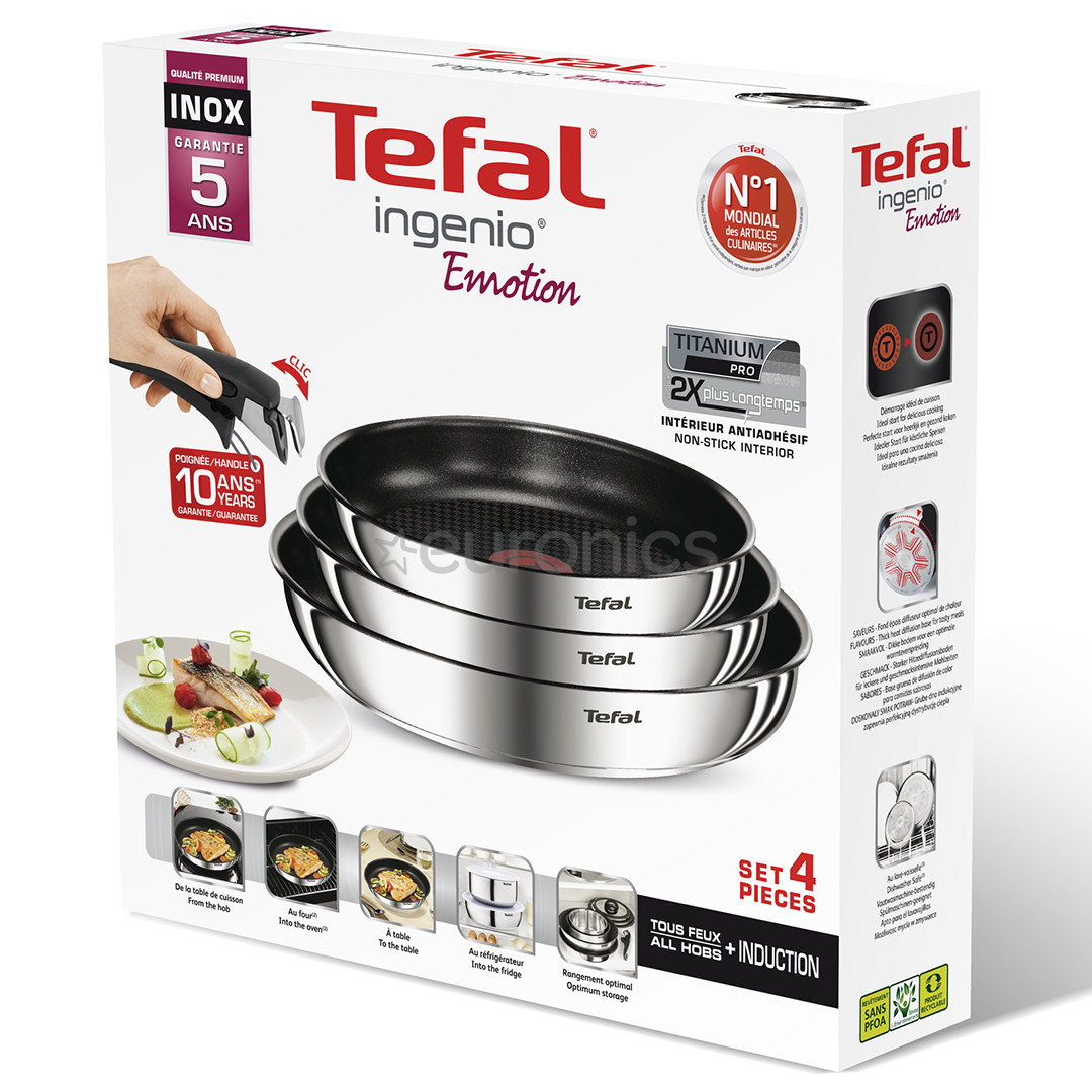 Tefal Ingenio Emotion, diametrs 22/24/28 cm, nerūsējošā tērauda/melna - Pannu komplekts + rokturis