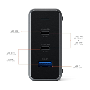 Satechi, 2x USB-C PD и USB-A, 100 Вт, серый - Адаптер питания