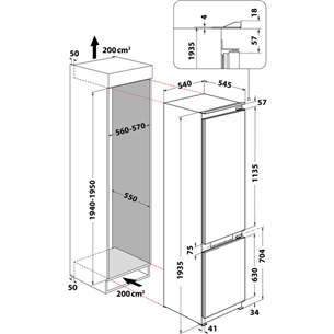 Whirlpool, holiday mode, 280 L, height 194 cm - Built-in Refrigerator