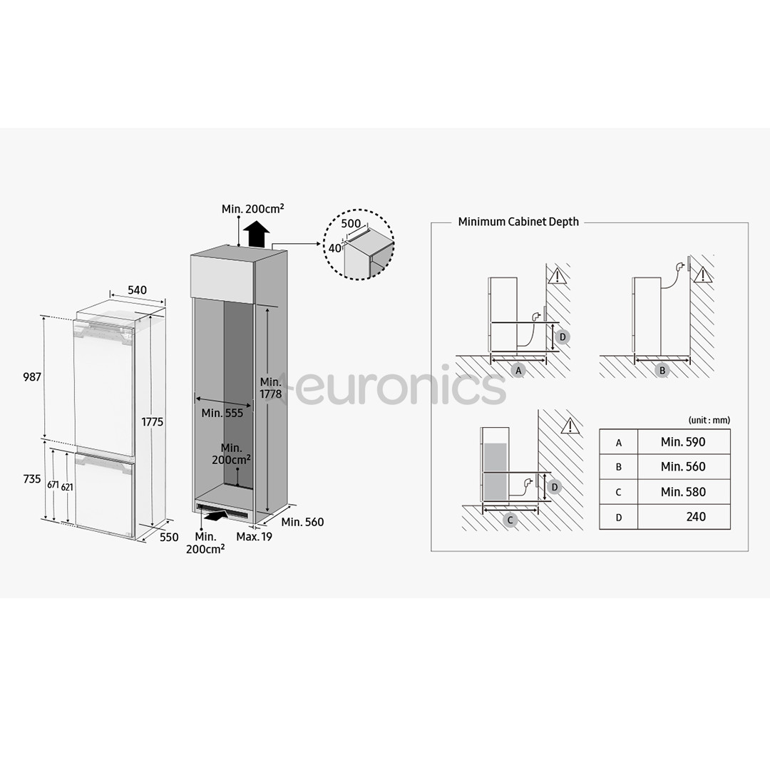 Samsung, 267 L, height 178 cm - Built-in Refrigerator