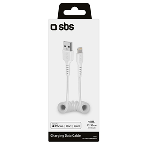 SBS, USB-A – Lightning, garums 17-50cm, spirālveida, balta – Vads