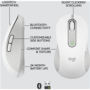 Logitech Signature M650 L, kreiļiem, optiskā, balta/pelēka - Bezvadu datorpele