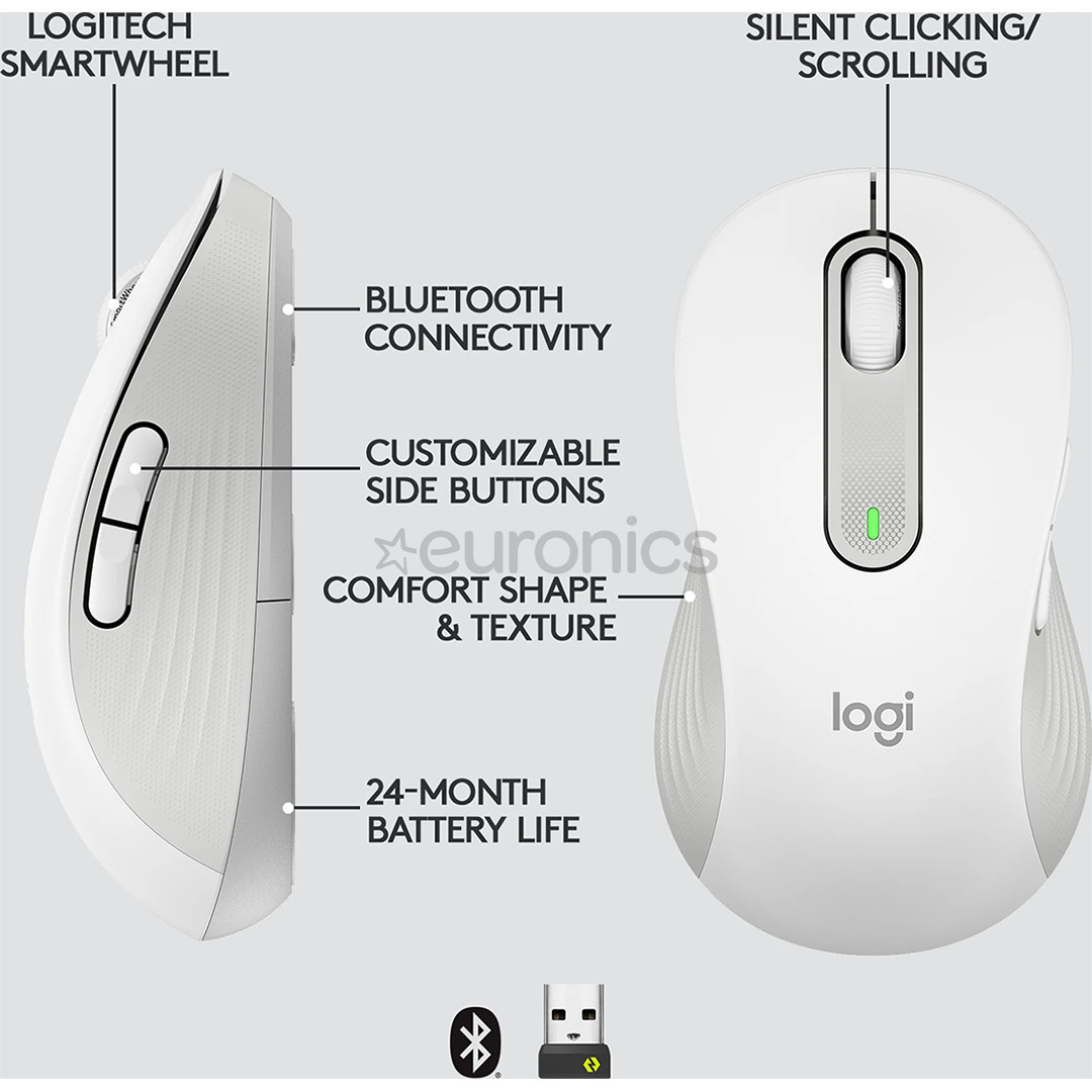 Logitech Signature M650 L, kreiļiem, optiskā, balta/pelēka - Bezvadu datorpele