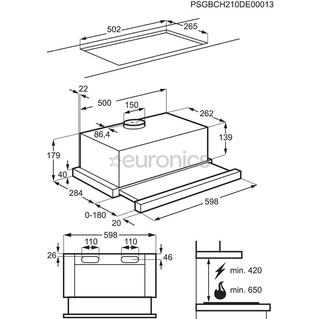 Electrolux, 410 m³/h, balta - Iebūvējams tvaika nosūcējs