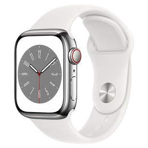 Apple Watch Series 8 GPS + Cellular, Sport Band, 41 мм, серебристая нержавеющая сталь/белый - Смарт-часы MNJ53EL/A