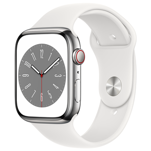 Apple Watch Series 8 GPS + Cellular, Sport Band, 45 мм, серебристая нержавеющая сталь/белый - Смарт-часы MNKE3EL/A