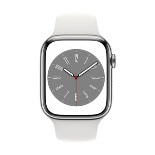Apple Watch Series 8 GPS + Cellular, Sport Band, 45 мм, серебристая нержавеющая сталь/белый - Смарт-часы