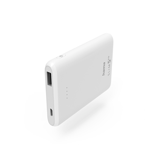 Hama SLIM 5HD, 5000 mAh, USB-A, balta - Portatīvais barošanas avots 00201667