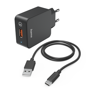 Hama Quick Charger With USB-C cable, 19,5 W, 1,5 m, melna - Strāvas adapteris