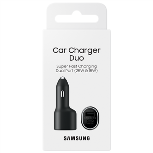 Samsung Duo Car Charger, USB-A, USB-C, 25 W + 15 W, melna - Auto lādētājs