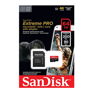 SanDisk Extreme Pro, UHS-I, microSD, 64 GB - Atmiņas karte