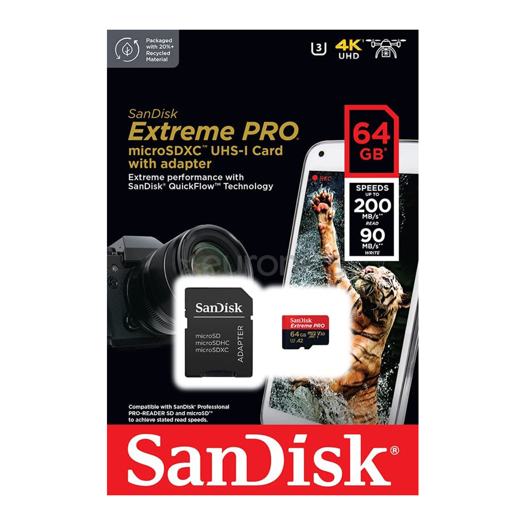SanDisk Extreme Pro, UHS-I, microSD, 64 ГБ - Карта памяти и адаптер
