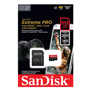 SanDisk Extreme Pro UHS-I, microSD, 512 GB - Memory card and adapter