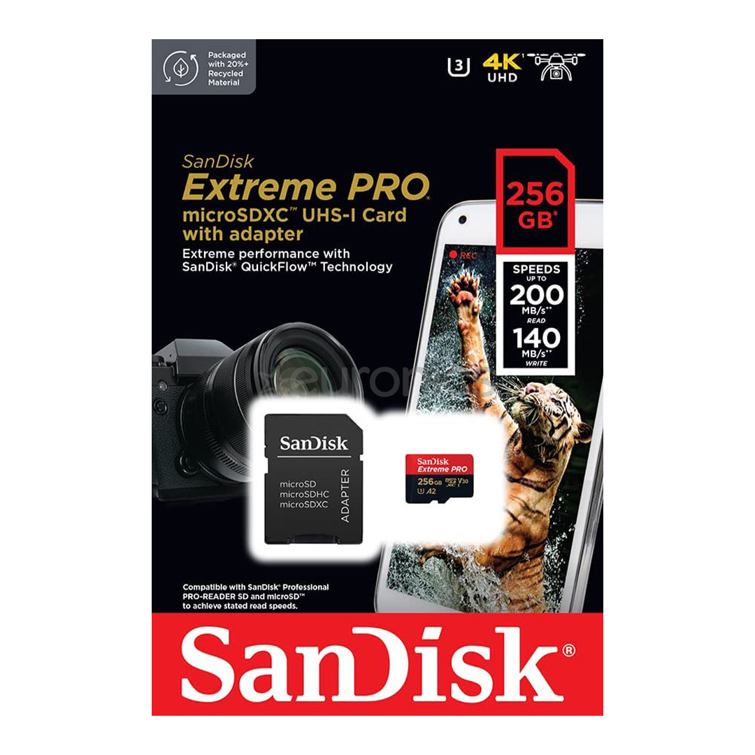 SanDisk Extreme Pro UHS-I, microSD, 256 GB - Memory card and adapter