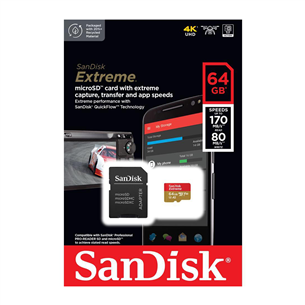 SanDisk Extreme, microSD, 64 ГБ - Карта памяти и адаптер