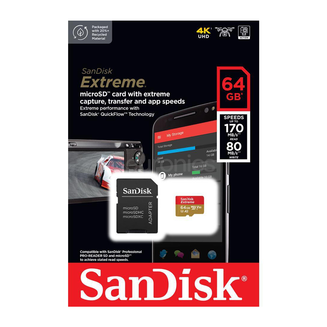SanDisk Extreme, microSD, 64 ГБ - Карта памяти и адаптер