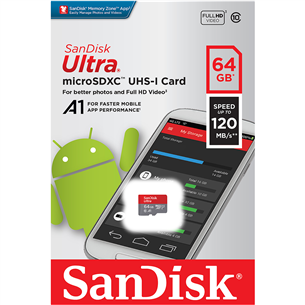 Atmiņas karte MicroSDXC Ultra + adapteris, SanDisk (64 GB)