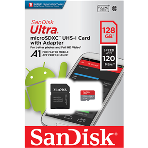 SanDisk Ultra microSD, A1/Class 10, + adapteris, 128 GB - Atmiņas karte
