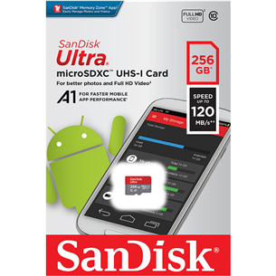 SanDisk Ultra microSD, A1/Class 10, + adapteris, 256 GB - Atmiņas karte