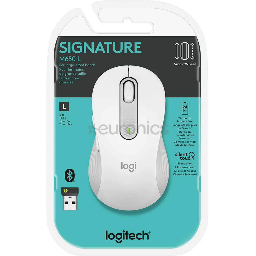 Logitech Signature M650 L, optiskā, balta/pelēka - Bezvadu datorpele