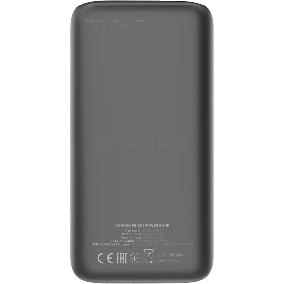 Canyon PB-301, 30 000 mAh, USB-A, USB-C, melna - Portatīvais barošanas avots