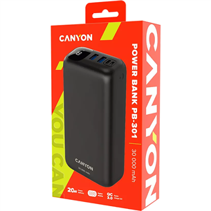 Canyon PB-301, 30 000 mAh, USB-A, USB-C, melna - Portatīvais barošanas avots