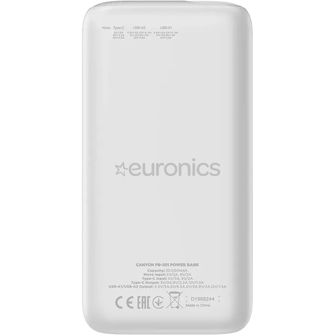 Canyon PB-301, 30 000 mAh, USB-A, USB-C, white - Powerbank