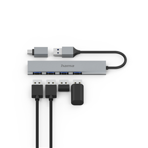 Hama USB Hub, 4x USB 3.2 Gen 1, USB-C adapteris, pelēka - Adapteris