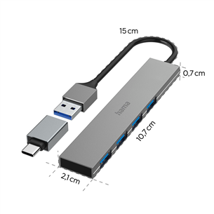 Hama USB Hub, 4x USB 3.2 Gen 1, USB-C adapteris, pelēka - Adapteris