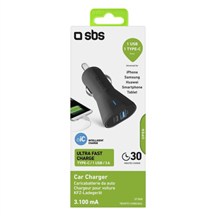 SBS, USB-A, USB-C, 10 W, melna - Auto lādētājs