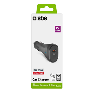 SBS, USB-C, 65 W, melna - Auto lādētājs