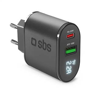 SBS, USB-A, USB-C, LCD, 20 Вт, черный - Адаптер питания