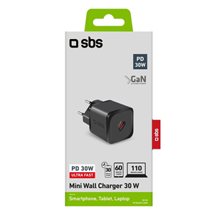 SBS Mini Wall Charger, USB-C, 30 W, melna - Lādētājs