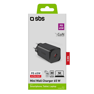 SBS Mini Wall Charger, USB-C, 65 W, melna - Lādētājs