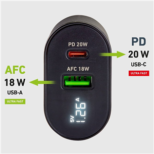 SBS, USB-A, USB-C, LCD, 20 W, black - Wall charger